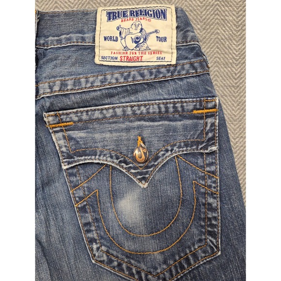 True Religion Straight Leg Jeans Mens 29 Blue Medium Wash Made in USA Distressed - Picture 10 of 11